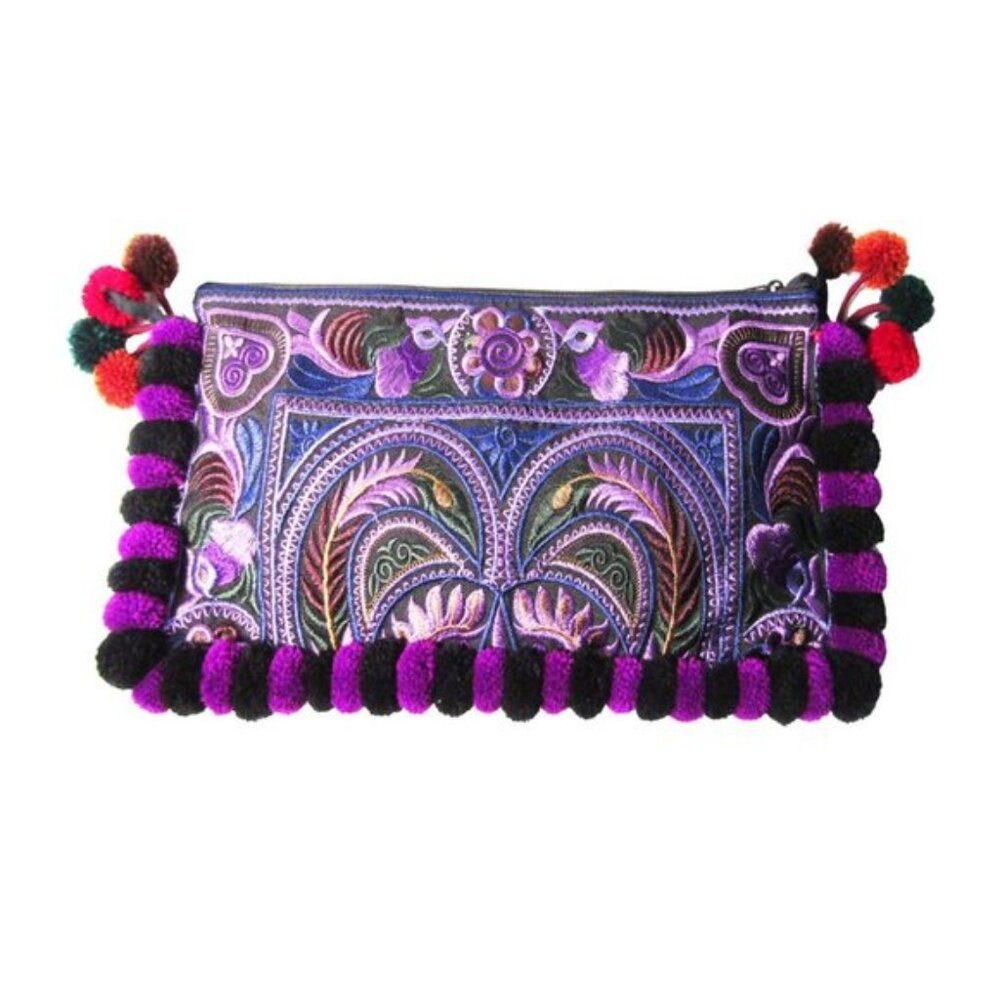 Tigerstars Colorful Boho Regal Purple Floral Embroidery Pom Pom Clutch Bag